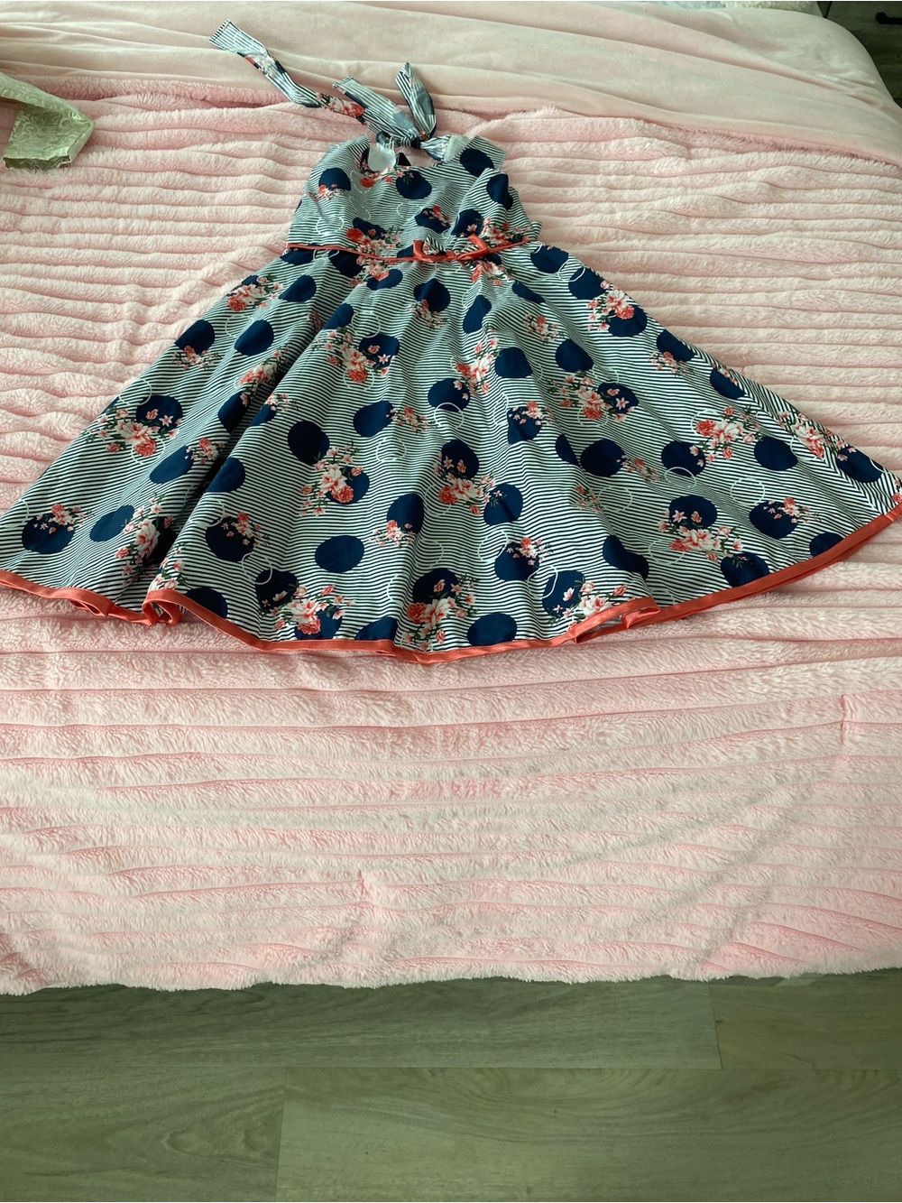 Girls Navy Floral Halter Dress with Pink Trim
